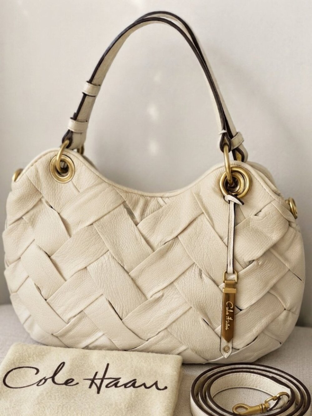 Cole Haan Prudence Woven Ivory Leather Lrg Vintage Hobo w/Strap & Dust Bag – EUC